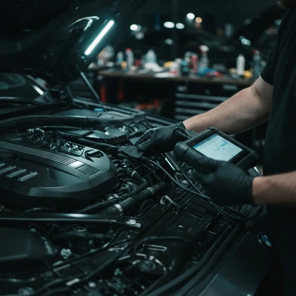 Technician inspecting a vehicle with diagnostic equipment
